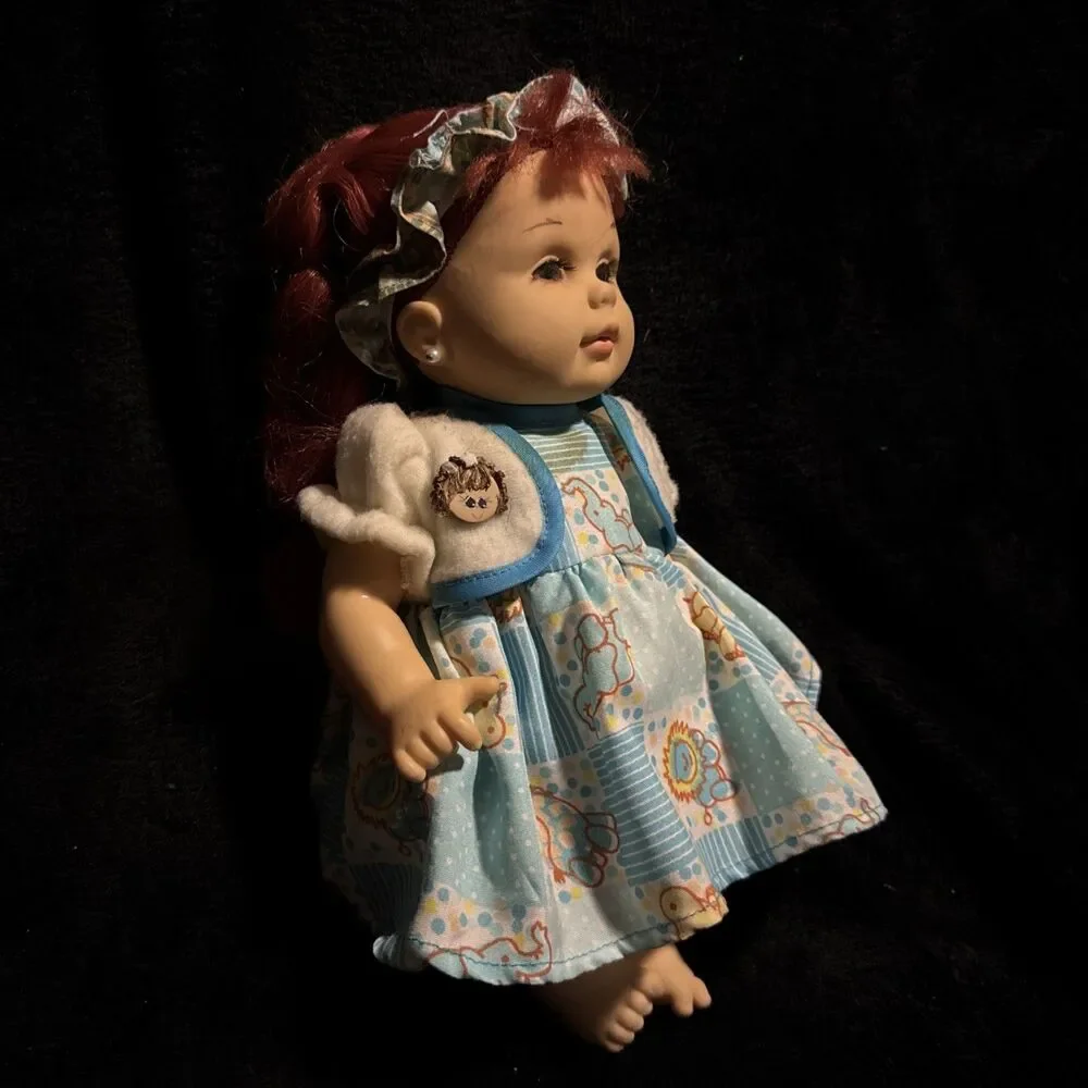 Vintage Redheaded Doll With Pigtails & Earings Blue Elephant Dress